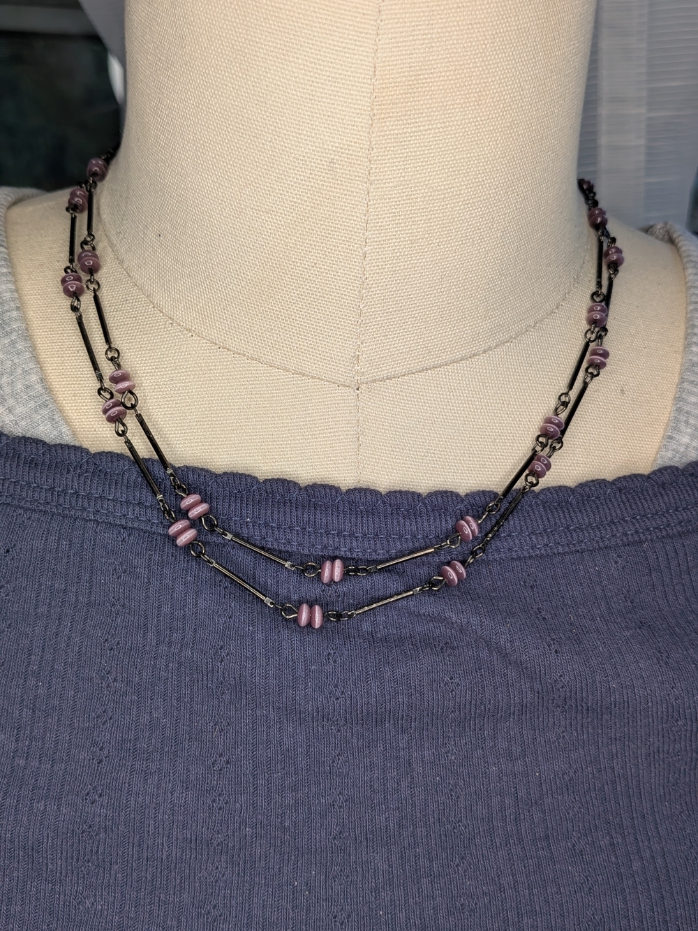 Express Double Layer Purple Cat Eye Bead Bar Chain Necklace Gunmetal Tone